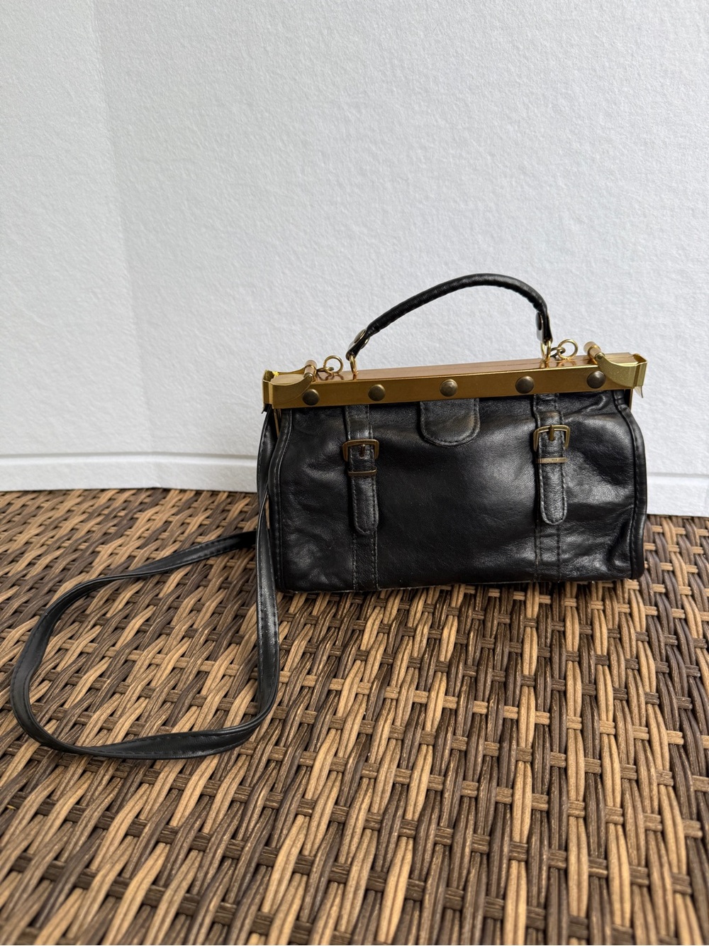 Vintage Italian Leather Doctor Bag Black Gladstone Frame Purse Crossbody